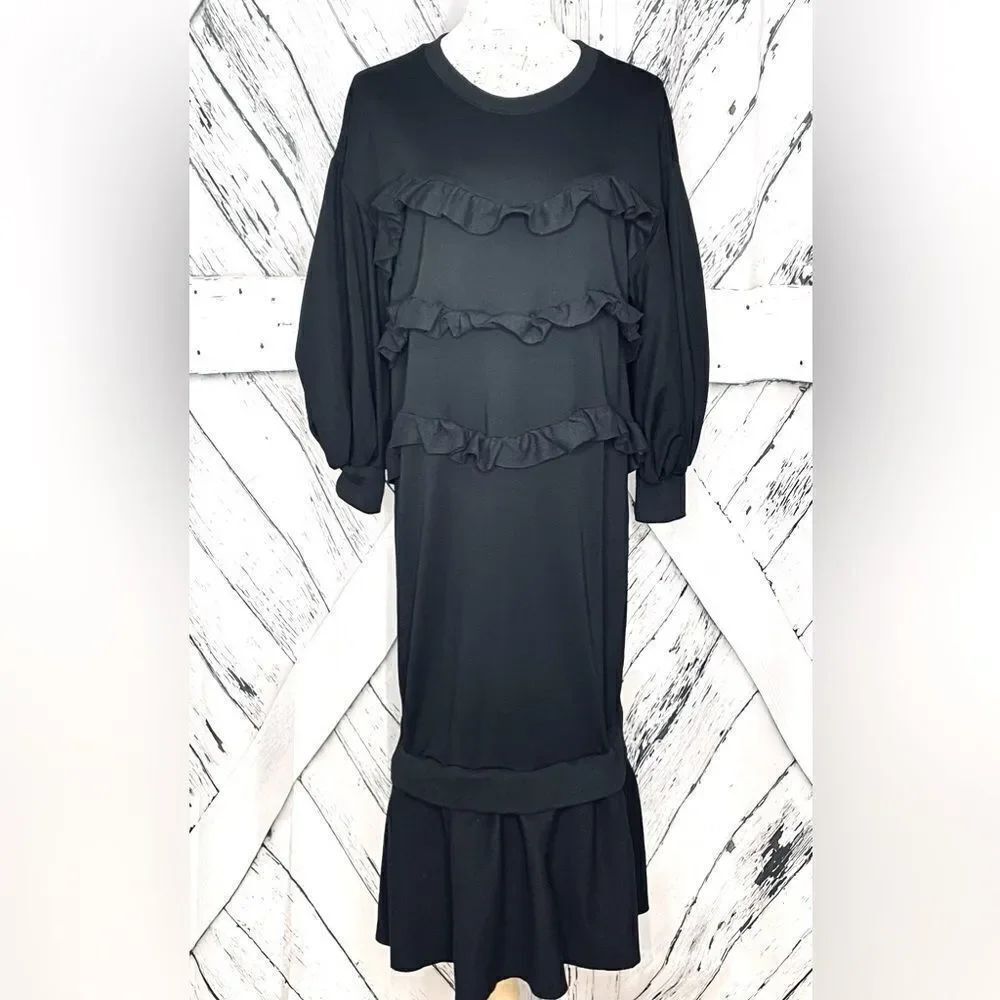 NWT Kosmios Dress Midi Ruffles Puffy Sleeves Black Oversized Small
